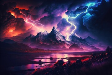 Abstract landscape background with glowing neon bolt symbol, stormy clouds, lightning and rocky mountains at night. Generative AI