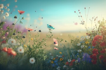 Beautiful, sunny spring summer meadow. Natural colorful panoramic landscape with many wild flowers and blue sky. Generative AI. - 579663047
