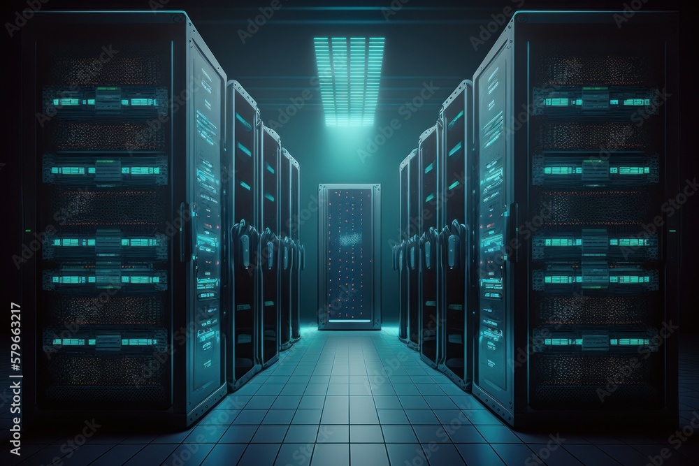 Aufkleber big cloud data center, computer networking server room warehouse. information technology concept. ge