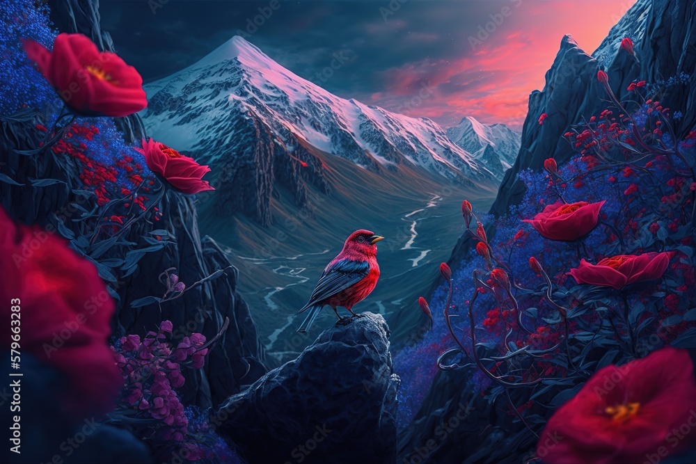 Poster a bird with bright blue wings and red feathers sits on a hill against the backdrop of mountains in p