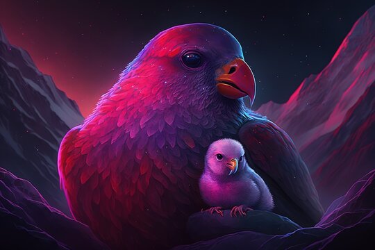 A bird with a chick sits against the backdrop of mountains in purple light. Generative AI
