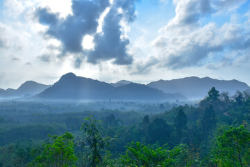 Scenery of the morning mist in the mountains of southern Thailand.