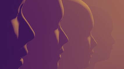 Several humanoid heads one behind the other. Closed eyes