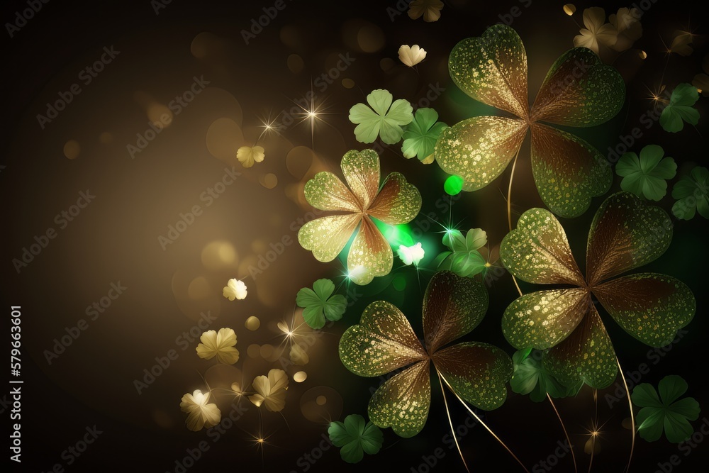 Poster Lucky shamrocks with golden bokeh glitter. St. Patrick's Day background. Luck of the Irish. Four Leaf clover. Generative AI