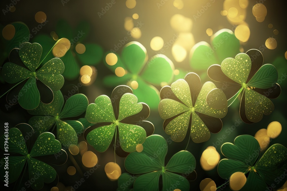 Poster lucky shamrocks with golden bokeh glitter. st. patrick's day background. luck of the irish. four lea