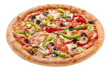 Delicious vegetarian pizza with tomatoes, mushrooms, mozzarella, peppers and olives, cut out