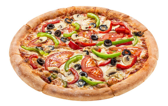 Delicious vegetarian pizza with tomatoes, mushrooms, mozzarella, peppers and olives, cut out