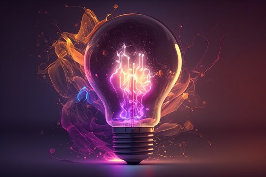 Light Bulb With Neon Lights, Abstract Glowing Background, Digital Illustration. Generative AI