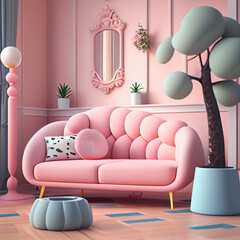 realistic 3d style of a living rooms . pastel colors. by generative ai