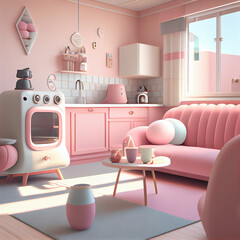 realistic 3d style of a living rooms . pastel colors. by generative ai
