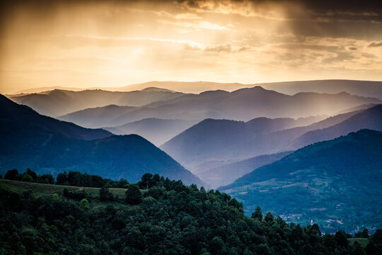 banner of mountain peaks in beautiful sunset light