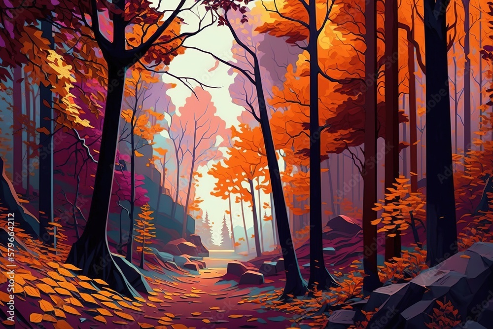 Poster Autumn forest landscape with yellow foliage on the trees, a path and a clear no. Generative AI...