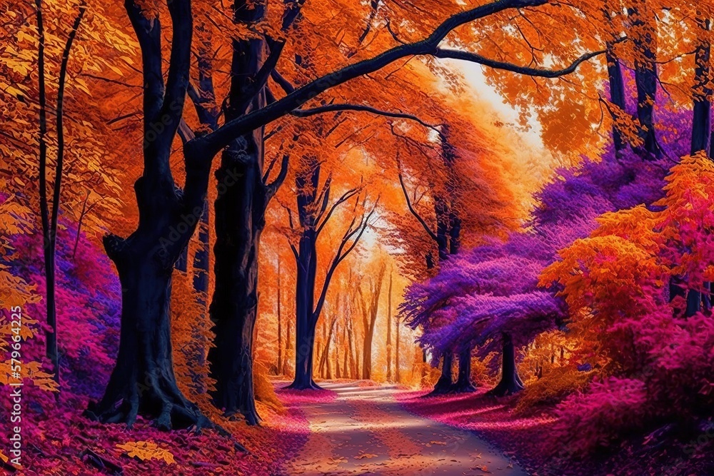 Poster Autumn forest landscape with yellow foliage on the trees, a path and a clear no. Generative AI...