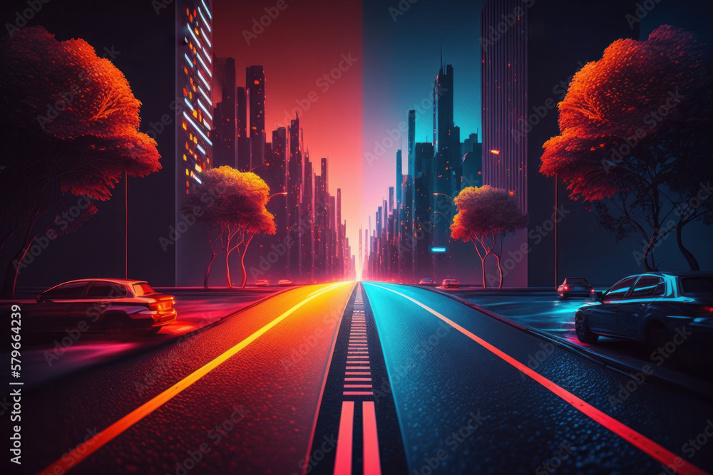 Leinwandbilder abstract highway path through digital smart city graphic design. peculiar ai generative