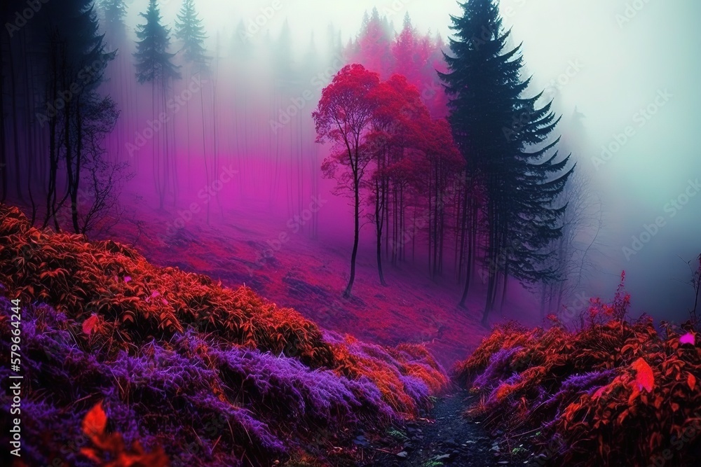 Poster autumn forest landscape with yellow foliage on the trees, path and fog. generative ai