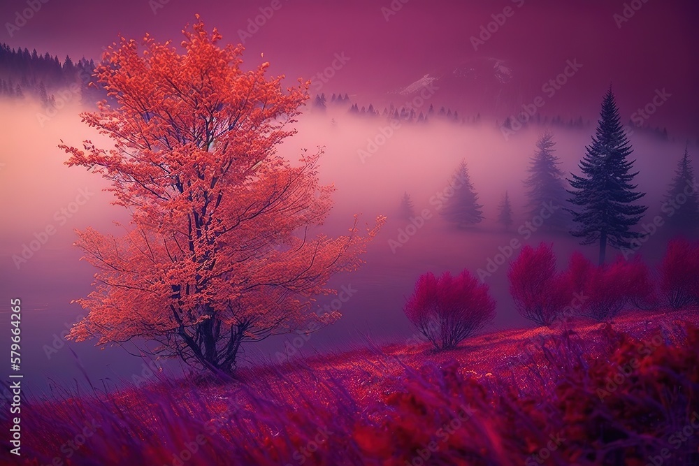 Poster Fog in the autumn field and impenetrable dark forest on the horizon. Generative AI