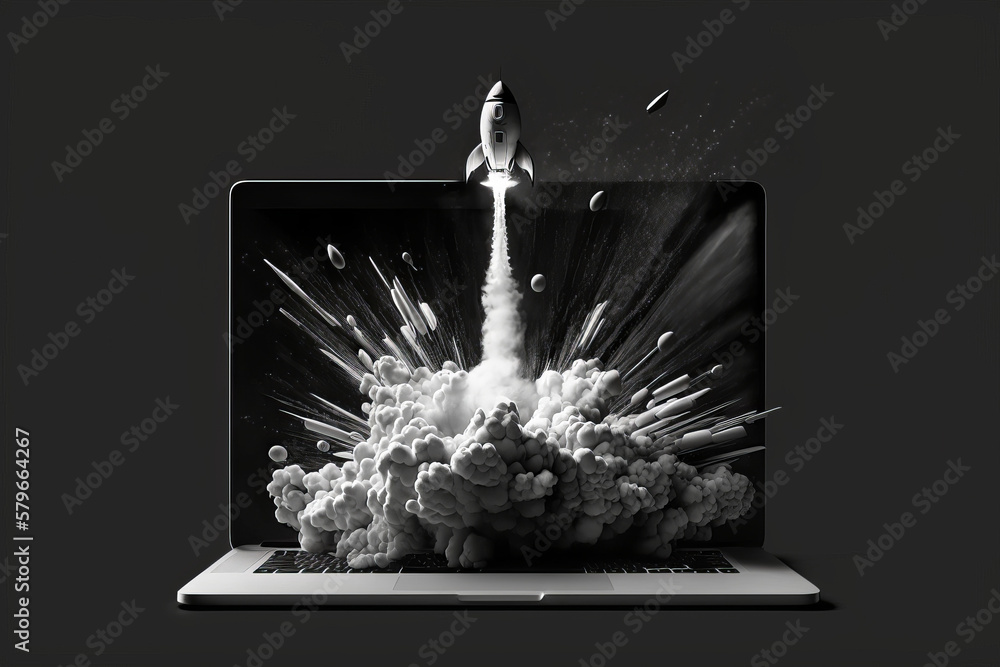 Poster rocket taking off from laptop screen on black background, startup concept, generative ai