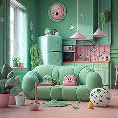 realistic 3d style of a living rooms . pastel colors. by generative ai
