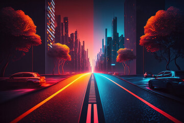 Abstract highway path through digital smart city graphic design. Peculiar AI generative - obrazy, fototapety, plakaty