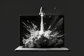 Rocket taking off from laptop screen on black background, startup concept, Generative AI