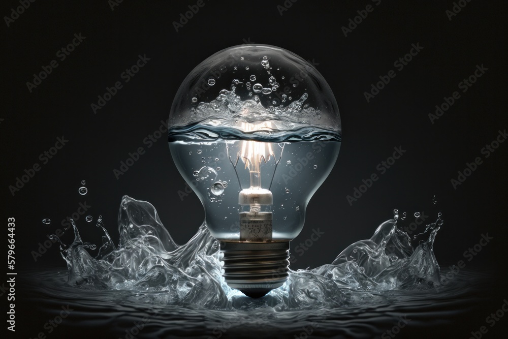 Aufkleber on a dark backdrop, a water droplet splatters within a light bulb. generative ai