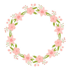 Vector wreath with leaves and pink flowers. Floral frame for wedding. Flower round border copy space. Romantic design for greeting cards and invitations. Elegant text template with striped flowers.