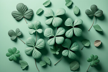 Shamrock leaves flat lay, St. Patrick day concept. AI generated image