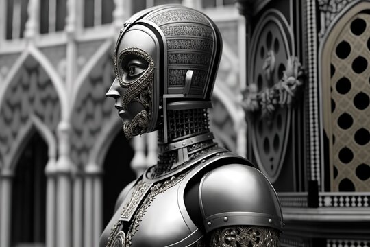 Robot woman in armor on the background of the castle. Generative AI