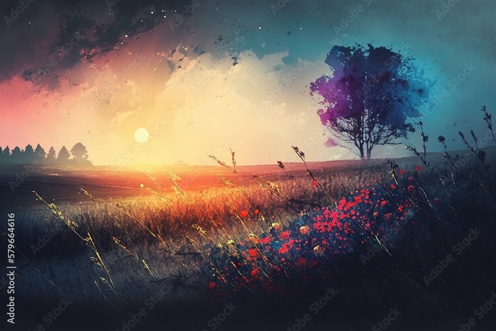 Poster field delicate flowers under the evening sky with stars and a tree with a blooming crown. generative
