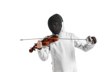 Young man, male fencer in fencing costume and protective mask helmet playing violin over white...