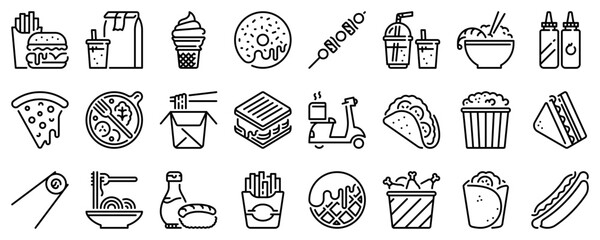 Line icons about fast food on transparent background with editable stroke.