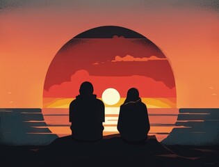A couple on the beach watching the sunset symbolizing passion and romance. Art concept. AI generation.