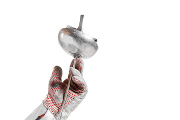 Closeup hand in glove holding fencing sword, rapier isolated on white background