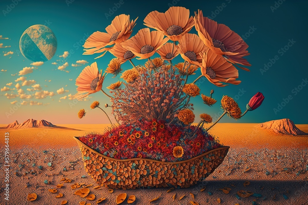 Poster image of a basket with red poppies among the desert under a clear sky. generative ai
