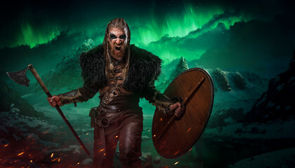 Art of nordic warrior dressed in armor and fur against mountains and arctic lights.