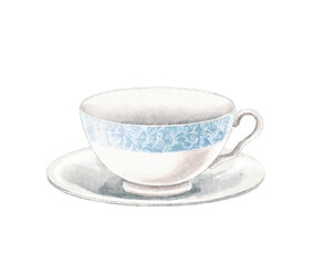 Watercolor vintage tea cup on a saucer with blue border isolated on white background. Hand drawn illustration sketch