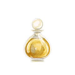 Watercolor yellow perfume in vintage dainty small bottle isolated on white background. Hand drawn illustration sketch