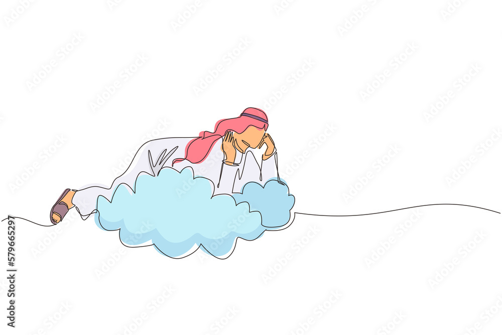 Poster single continuous line drawing dreamer. arabic businessman lay on the clouds and dreaming or thinkin