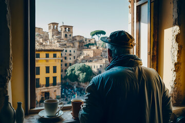 Fototapeta na wymiar Man old traveler drinking morning cup coffee overlooking the city Rome, Italy. Ruins of the Roman Forum from an open hotel window. Generative AI
