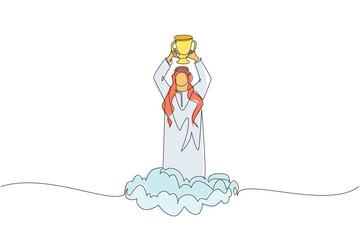 Single one line drawing Arab businessman struck by lightning or thunder from dark cloud. Bad luck, misery, unfortunate, unlucky, disaster, risk, and danger. Continuous line draw design graphic vector