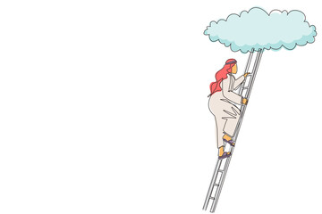 Continuous one line drawing Arab businessman climbing up career ladder to cloud. Successful rising business development. Professional growth and promotion. Single line draw design vector illustration
