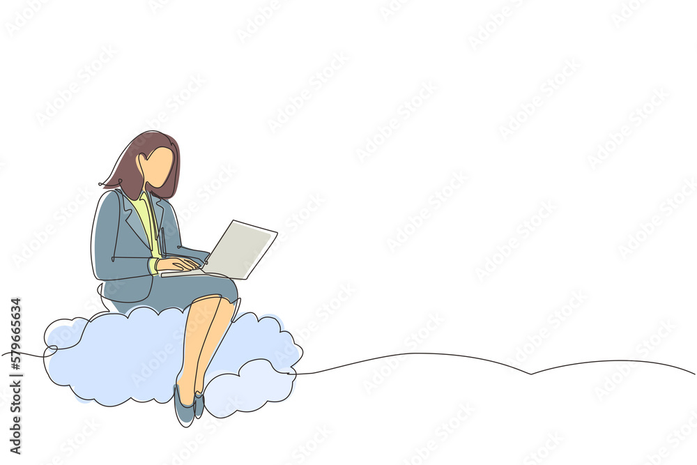 Poster single continuous line drawing businesswoman sitting on cloud in sky and working with laptop. wirele