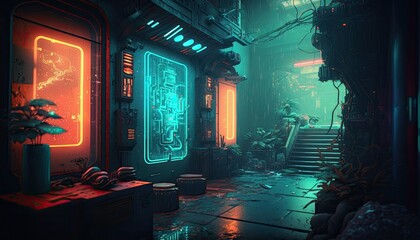 Beautiful neon night in a cyberpunk city. Photorealistic 3d illustration of the futuristic city. Empty street with blue neon lights. with Generate AI