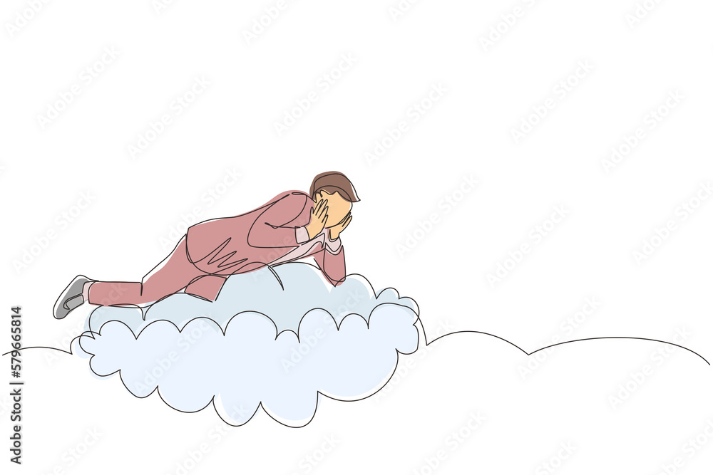 Poster continuous one line drawing dreamer. businessman lay on the clouds and dreaming or thinking somethin