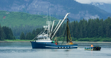 A Fishing boat sailing on the lake. Evergreen forest in the boreal zone. The turquoise blue sea....