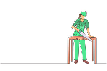 Single one line drawing woman professional worker in uniform hammering. Nail in wood. Construction work at home. Building, construction, repair work service. Continuous line draw design graphic vector