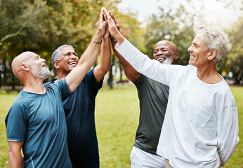 High five, fitness and senior men friends in park for teamwork, exercise target and workout mission together with community support. Elderly group of people with outdoor wellness success hands sign
