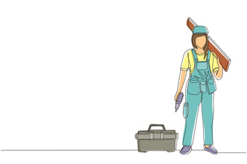 Single one line drawing woman professional worker in uniform hammering. Nail in wood. Construction work at home. Building, construction, repair work service. Continuous line draw design graphic vector