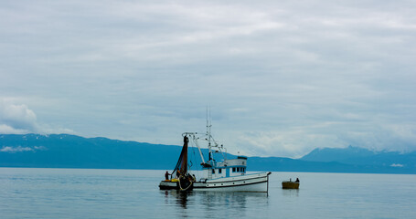 A Fishing boat sailing on the lake. Evergreen forest in the boreal zone. The turquoise blue sea....