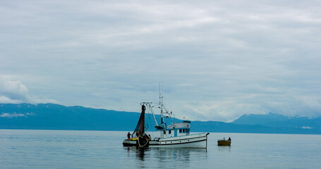 Obraz premium A Fishing boat sailing on the lake. Evergreen forest in the boreal zone. The turquoise blue sea. Various landscapes in summer.Alaska, USA., 2017